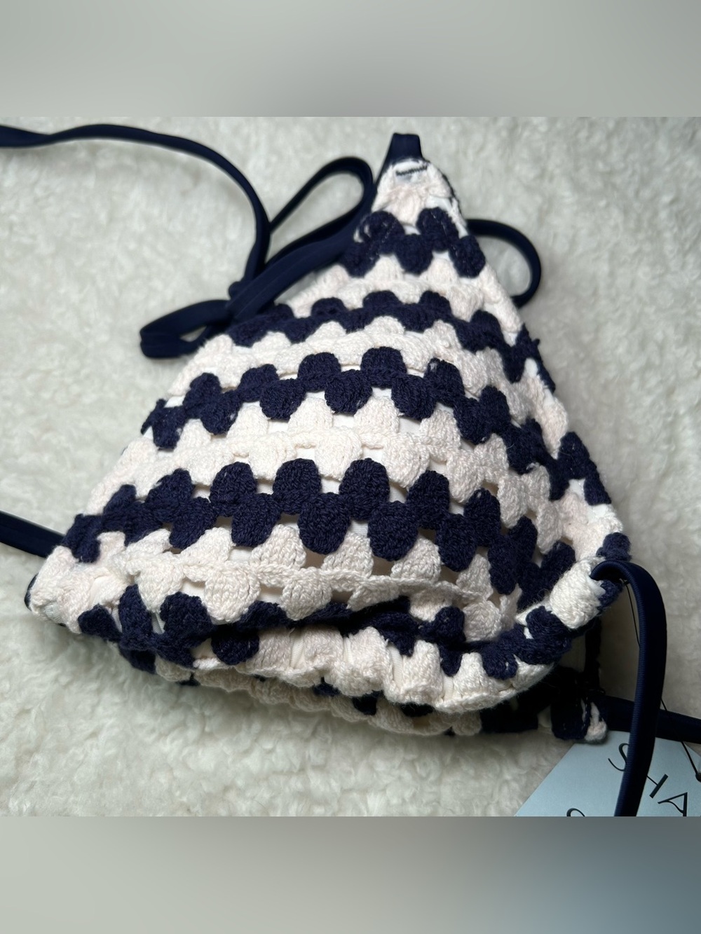 Shade & Shore Women’s Triangle Crochet Bikini Top Large Navy White NEW - Picture 5 of 5